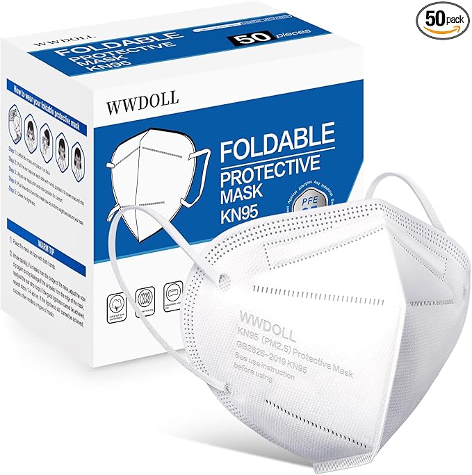 WWDOLL KN95 Face Mask 50 Pack, KN95 Masks 5-Layer Breathable Mask with Elastic Earloop and Nose Bridge Clip, Disposable Respirator Protection Against PM2.5 White