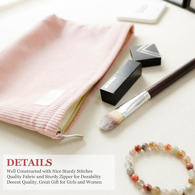 HAPPYHEIDI Large Corduroy Makeup Bag Compartment Cosmetic Toiletry Travel Accessory Pouch Purse Organizer, Soft Creamy Pink