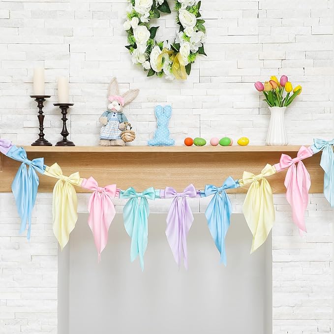 VitalCozy 1 Pcs Easter Pastel Bow Garland Banner - Silk Satin Ribbon Hanging Party Bow Garland Decoration for Easter Birthday Baby Shower Wedding Party Supplies