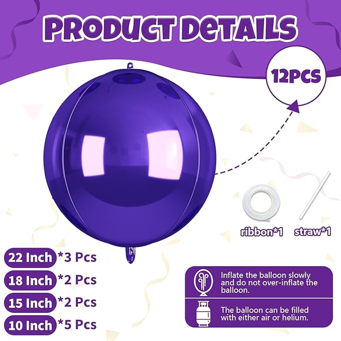 12Pcs Purple Round Balloons Foil, 22" 18" 15" 10" 4D Sphere Shaped Balloon Different Size, Large Metallic Purple Balloons for Wedding Prom Graduation Baby Shower Birthday Party Decorations Backdrop
