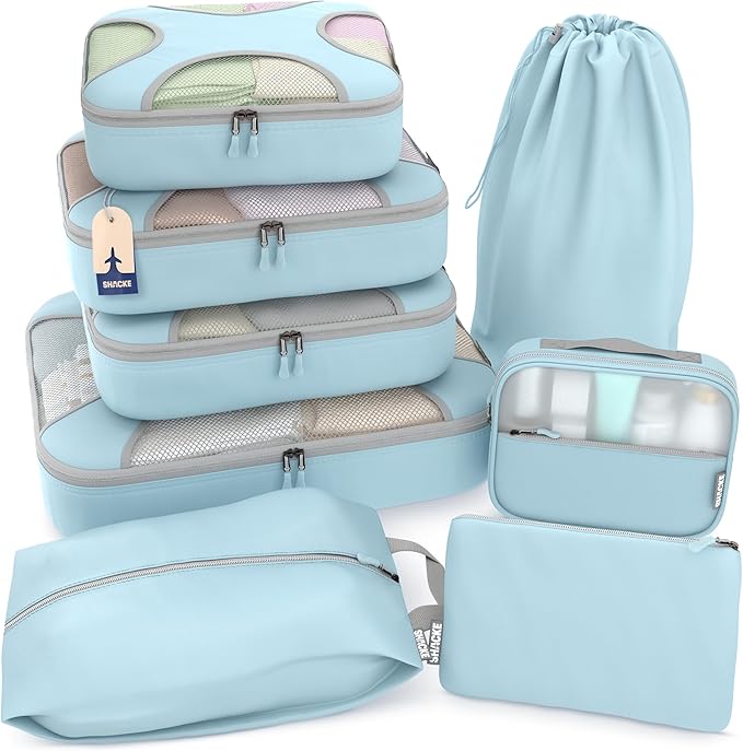 Shacke Packing Cubes for Travel 8 Set - Premium Luggage Organizer Bags - Versatile Travel Organizer for Women and Men - Optimized Packing Bags - Travel Essentials (Sky Blue)