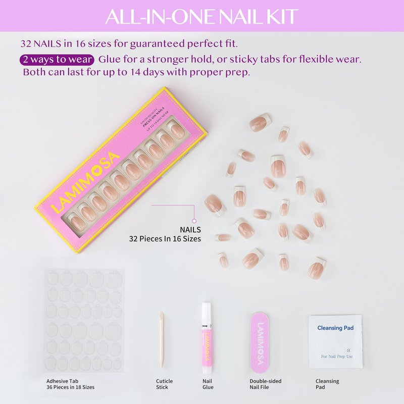 LAMIMOSA 32Pcs French Tip Press on Nails Medium Square – Soft Gel Fake Nails in 16 Sizes, Reusable Semi-Transparent Glue on Nails kit, BALLERINA