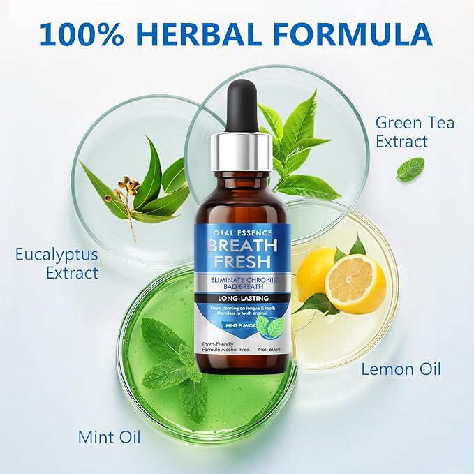Bad Breath Treatment for Adults, Breath Drops for Fresh Breath, Fast-Acting, Long-Lasting, Natural, Alcohol-Free, Boosts Confidence for Socializing, 60ML