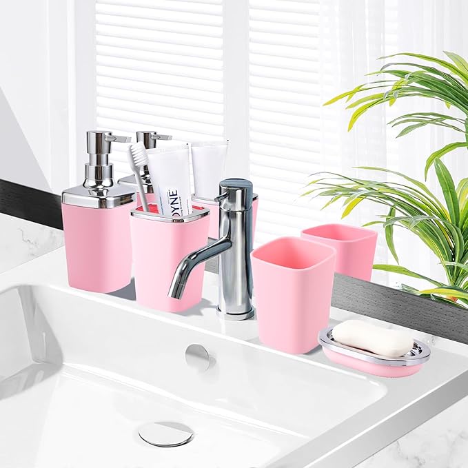 Pink Bathroom Accessory Set, Plastic Bathroom Set with Tray, Soap Dispenser, Toothbrush Holder, Toothbrush Cup, Soap Dish, Toilet Brush, Trash Can and Q-tip Holders for Bathroom/Housewarming