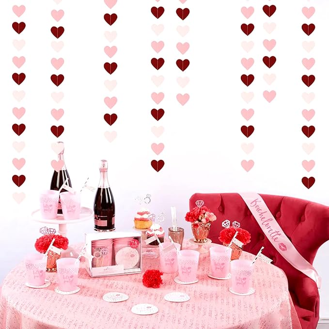 Pink Burgundy Party-Decorations Heart Garland - 62FT Wedding Hanging Streamer Banner,Valentines Birthday Baby Bachelorette Engagement Mothers Day Bridal Shower Backdrop Decor Hugtmr