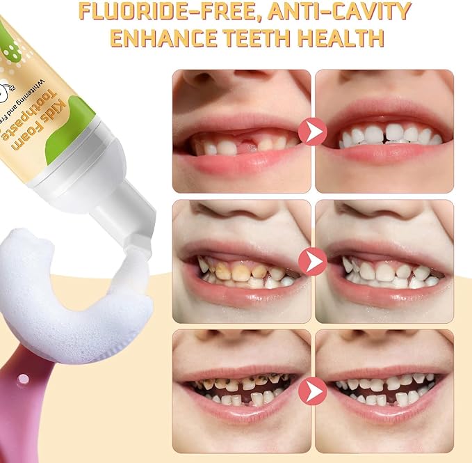 Foam Toothpaste Kids,Toddler Toothpaste with Low Fluoride & Natural Formula to Reduce Plaque, Kids Toothpaste for U Shaped Toothbrush for Children Ages 3 Plus (120 ML, Orange & Strawberry)