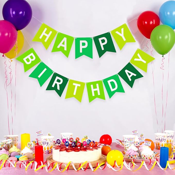 Happy Birthday Banner, Green Colors Birthday Party Banner Assembled Garland Bunting Flags Women Men Girl Boy Party Hanging Decorations Indoor/Outdoor Supplies