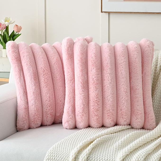 FUTEI Pink Decorative Throw Pillow Covers 26x26 Inch Set of 2, Square Soft Faux Rabbit Fur Thick Striped Euro Pillow Shams,Winter Home Decor for Couch Bed Living Room