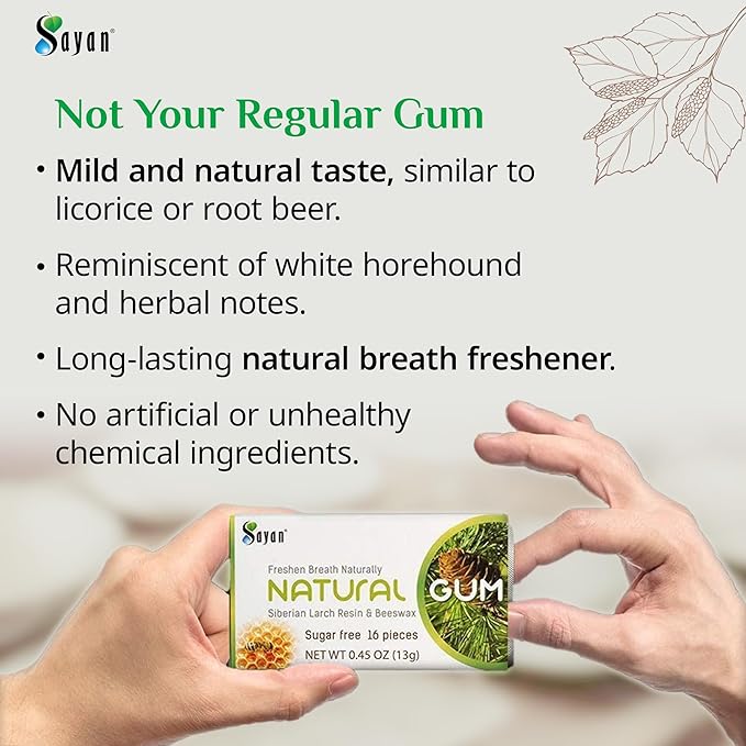 Sayan Sugar Free All Natural Gum, Siberian Larch Tree Resin and Beeswax Chewing Gum for Fresh Breath, Vegetarian, Non-GMO, No Sugar, Gluten Free, Aspartame Free, No Preservatives - 5 Packs (80 Pieces)