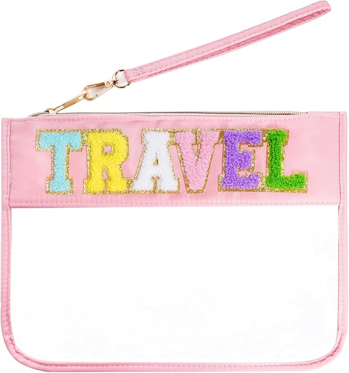 Chenille Letter Bag, Multi-purpose Nylon Clear Makeup Cosmetic Bags Flat Pouches with Zipper for Travel, Gym, Beach (Pink-Travel)