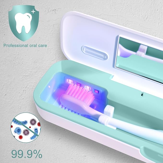 UV Toothbrush Sanitizer and Holder, Portable Travel Case and Cover, Toothbrush Cleaner Powered by AA Battery or USB-C, Fits Most Brushes