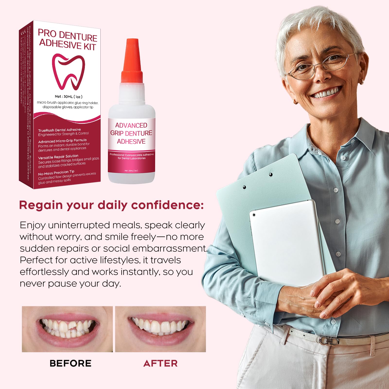 Dental Lab Instant Bonding Dental Glue for Dentures & Lab Tools - Fast-Setting in 15-60 Sec | Crack Repair & Gap Filling | Long-Lasting Hold (Days to Weeks) – 1oz