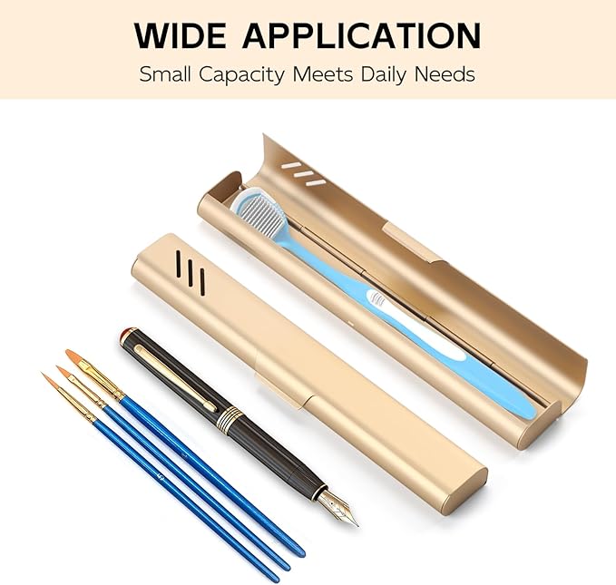 Travel Toothbrush Case, Portable Toothbrush Holder, Durable Aluminum Toothbrush Storage Box, Small Breathable Manual Toothbrush Container for Traveling, School, Camping, Business Trip - Gold