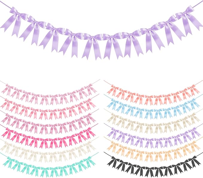 Purpe Bow Garland Bow Banner Bow Party Decorations Pre-Strung Large Coquette Satin Ribbon for Birthday Bachelorette Party Bridal Shower Wedding Engagement Baby Shower