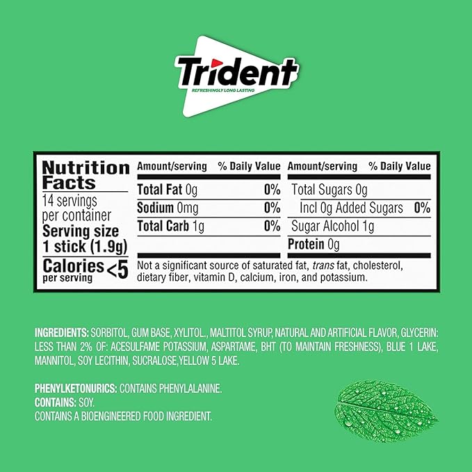 Trident Spearmint Sugar-Free Chewing Gum, 12 Packs of 14 Pieces (168 Total Pieces)