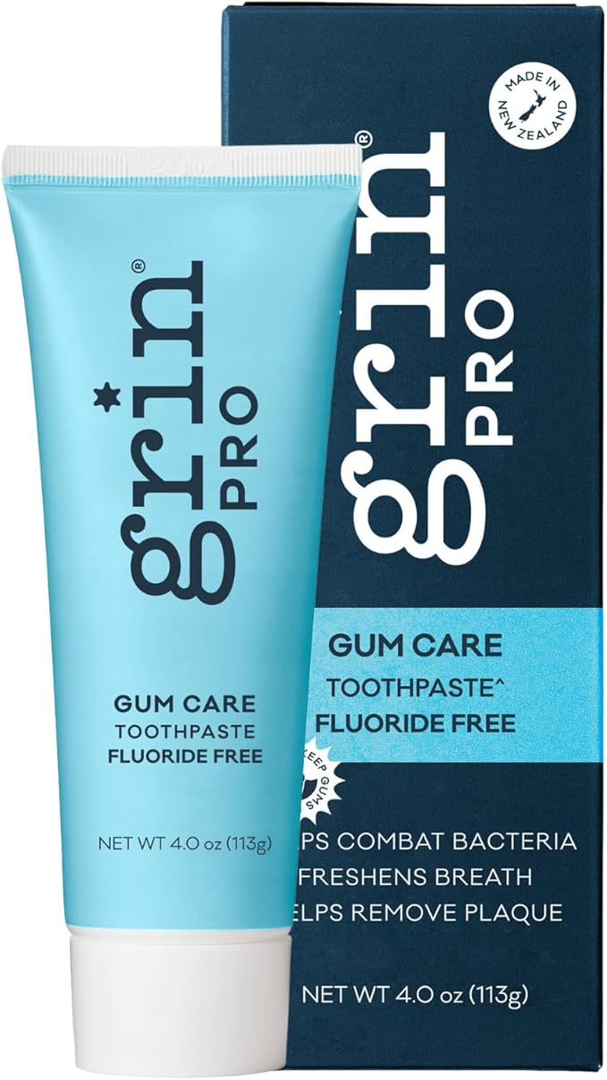 Grin Pro Gum Care Fluoride Free Toothpaste, Infused Manuka Oil and Propolis Control Bad Bacteria for up to 48 Hours, 4 oz, Natural Ingredients, New Zealand Manufactured