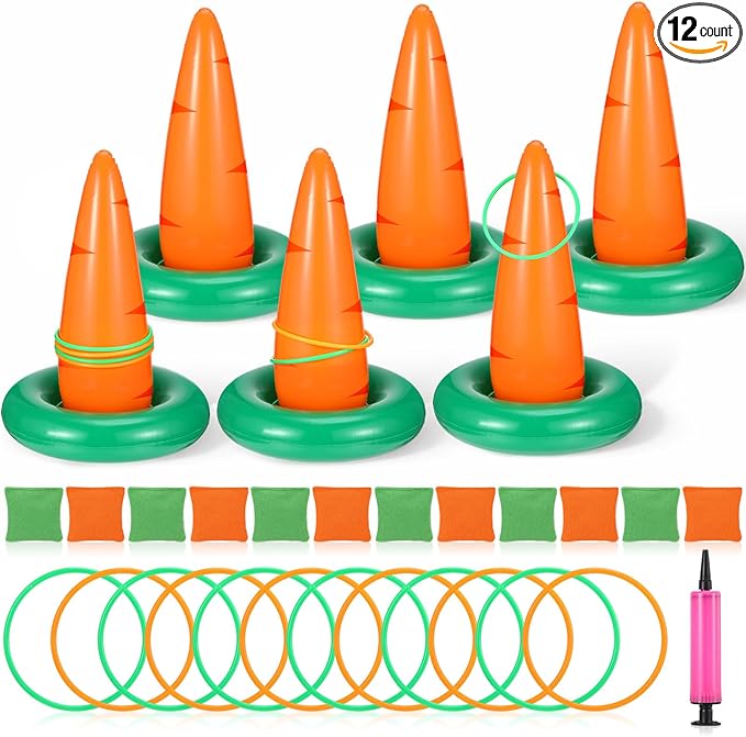 Easter Carrots Inflatable Ring Toss Game for Adults Family, Indoor Outdoor Party Easter Game Party Decorations Cute Fun with 6 Cones 12 Rings 12 Bean Bags 1 Air Pump