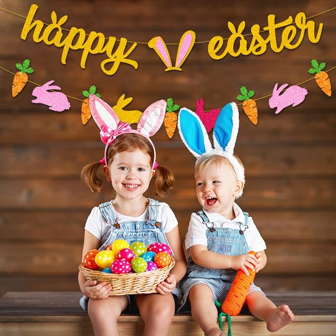 Bunny Birthday Decorations, Easter Happy Birthday Banner, Happy Easter Decorations, Rabbit Theme Happy Birthday Banner for Children Girl 1st 2nd Bday Easter Spring Party Decor