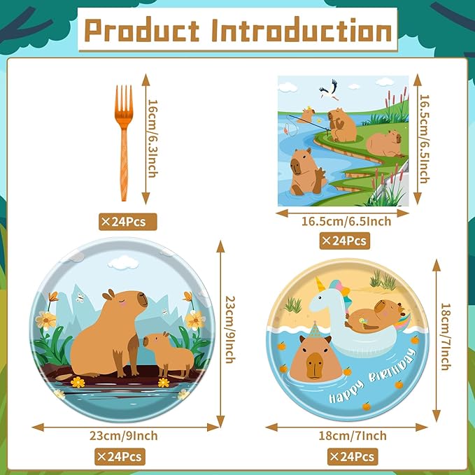 Rakuto Capybara Birthday Party Decorations, 96PCS Disposable Capybara Plates and Napkins Forks, Cute Animals Themed Dinnerware Set Tableware Supplies Serve 24