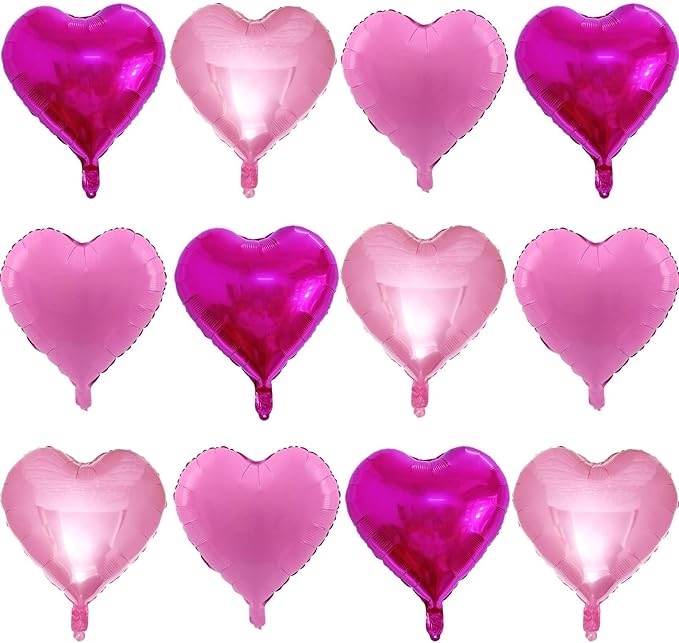 Lovoir 12 Pcs Hot Pink Heart Shape Foil Mylar Balloons 18 Inch Love Balloons for Valentine's Day Birthday Party Decorations Wedding Engagement Romantic Decor (Hot Pink & Pearl Pink & Candy)