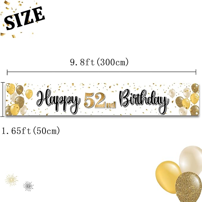 Happy 52nd Birthday Decorations,52nd Gold Balloon Large Birthday Hanging Banner Sign,52 Years Old Bday Party Supplies.