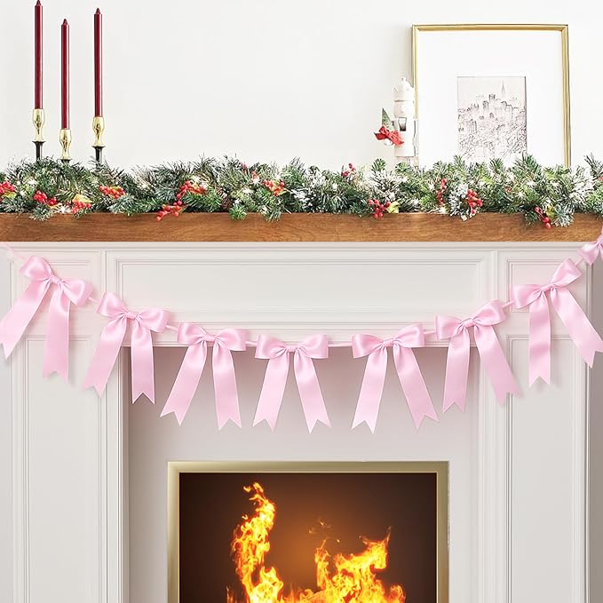 Baby Pink Bow Garland Bow Banner Bow Party Decorations Pre-Strung Large Coquette Satin Ribbon for Birthday Bachelorette Party Bridal Shower Wedding Engagement Baby Shower