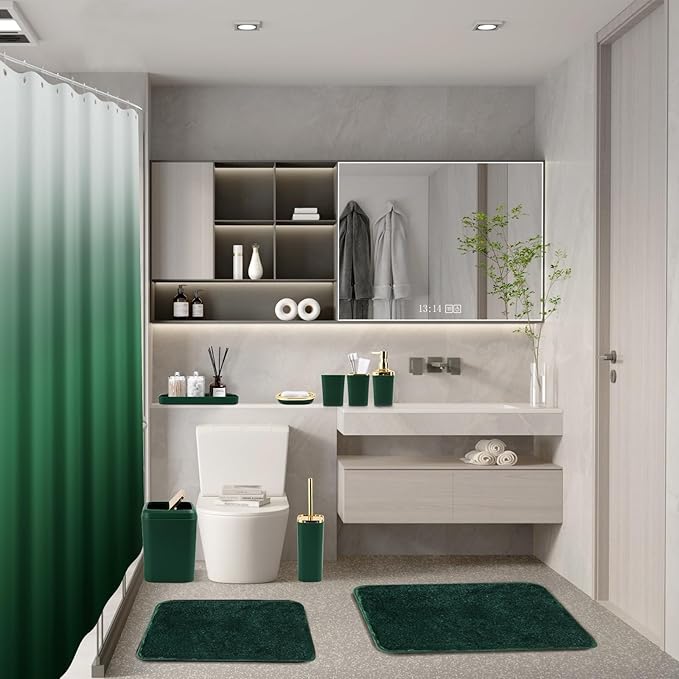 Bathroom Set - Dark Green Bathroom Sets with Shower Curtain and Rugs, 24PCS Shower Curtain Set with Hooks, Soap Dispenser, Soap Dish, Toilet Brush Holder and Trash Can for Housewarming