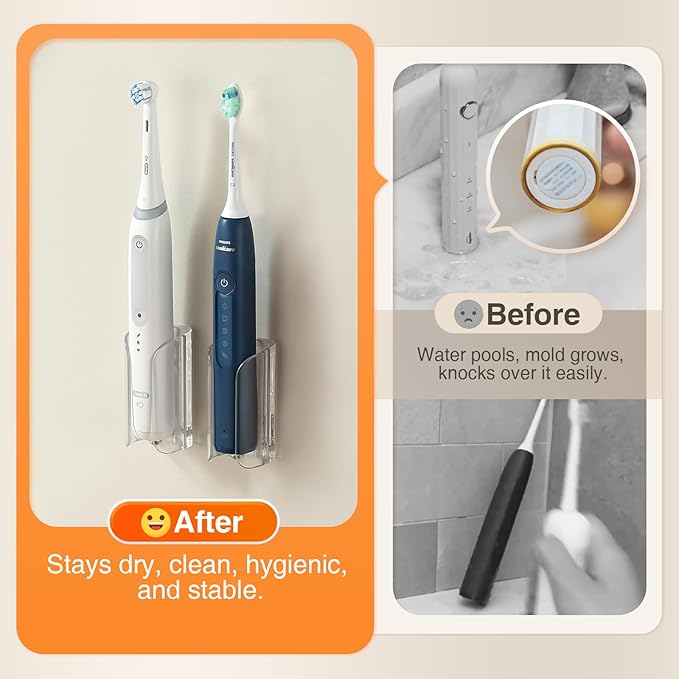 Electric Toothbrush Holder, Wall Toothbrush Holder for Bathroom, Adhesive Electric Toothbrush Stand, Bathroom Counter Organizer for Electric Toothbrushes, Clear, Pack of 2