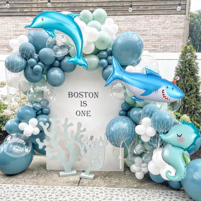 Under the Sea Party Decorations, 154pcs Slate Blue Mist Green Balloon Garland Arch Kit, Bubble Balloons with Dolphin Shark Hippocampus Foil Balloon for Ocean Birthday Party Supplies Shark Party Decor