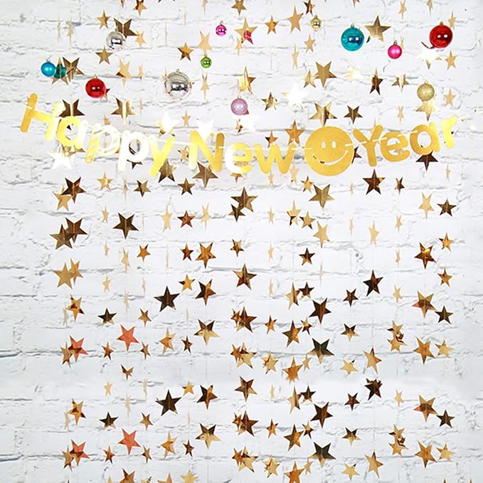 Gold Star Garland Banner Decorations - 156 Feet Bright Gold Paper Garland Hanging Decorations, Glitter Star Bunting Banner for Wedding, Birthday, Holiday, Christmas Party