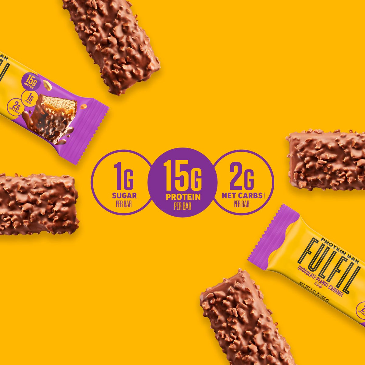 FULFIL Protein Snack Bars, Chocolate Peanut Caramel Flavored, Gluten Free with 15g Protein, Pantry Staples, 12 Count