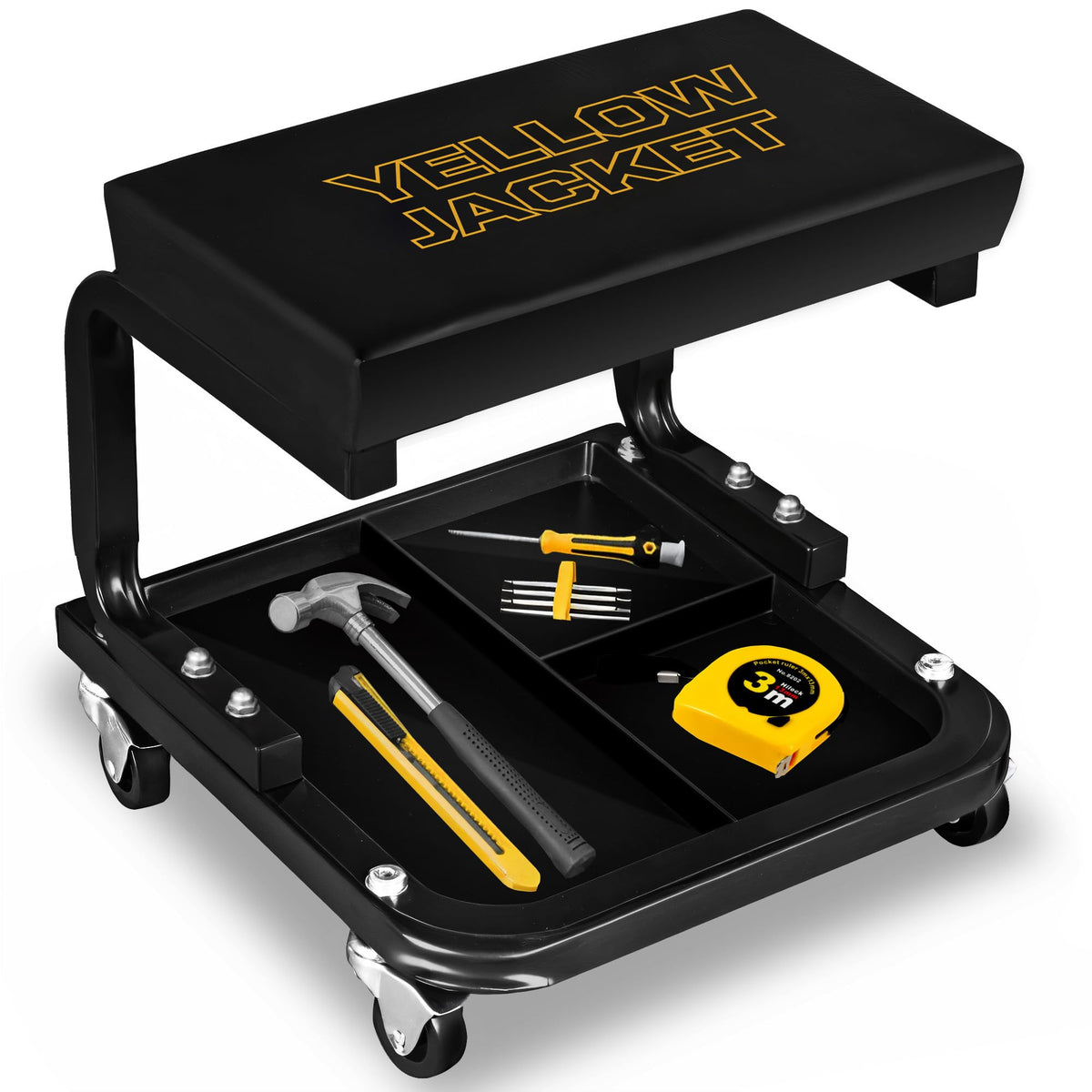YELLOW JACKET Creeper Garage/Shop Seat, 250 LBS Capacity Rolling Padded Mechanics Stool Removal Seat with Tool Tray