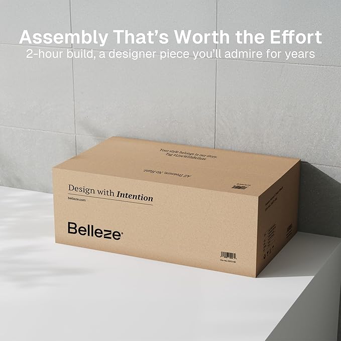 BELLEZE Set of 4 Modular Sideboard Buffet Cabinet with Storage,140 Inch Modern Credenza with Adjustable Shelves, Fluted Black Console Table with Faux Marble Panel for Kitchen, Entryway, Dining Room