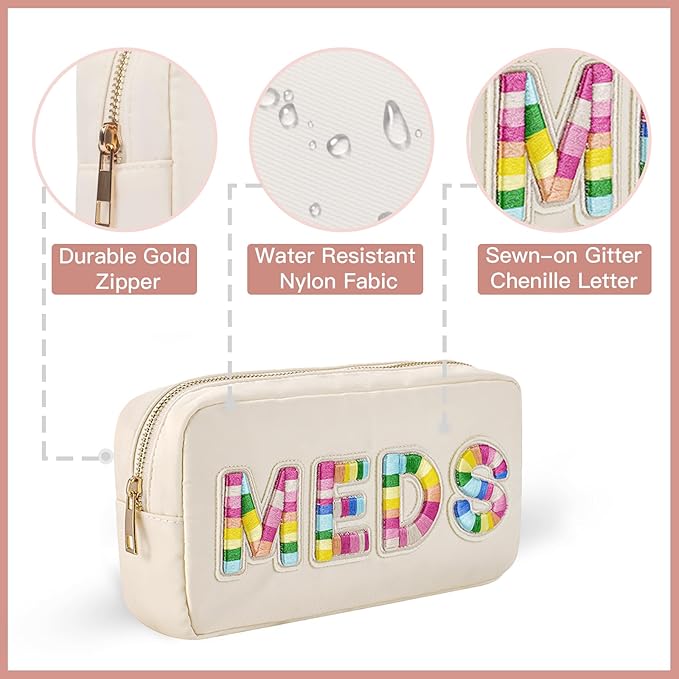 uekeboag Personalized Chenille Letter Patch MEDS Bag, Cute Nylon Drug Medicine Travel Makeup Bag with Zipper, Preppy Vitamin Organizer Bag for Women and Girls (Beige-Rainbow)
