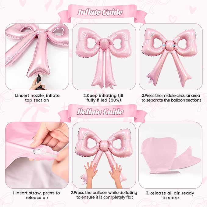 Pink Heart and Bow Balloons, 38 Inch Bow Balloons, Hot Pink Metallic Balloon Helium with Bow Ribbons for Anniversary Engagement Birthday Wedding Bridal Baby Shower Valentines Day Decorations