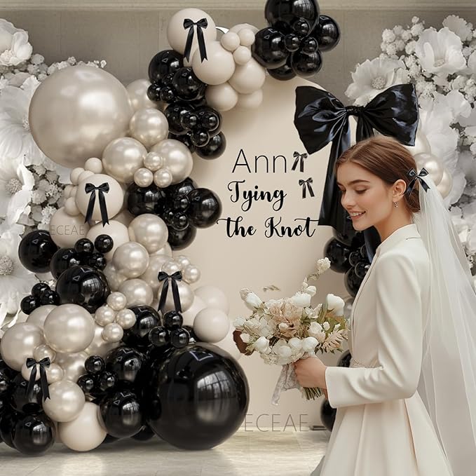 Black and White Champagne Bow Balloon Arch Kit Double-stuffed Pearl Beige Cream Balloons for 2025 Graduation, Prom, Martini Birthday,Bridal Shower, Wedding,Coquette Bride Party Decorations