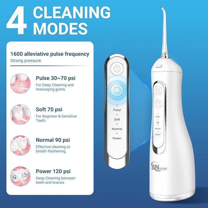 Cordless Water Dental Flosser Oral irrigator,JNGOODS 300ml Rechargeable Water flosser for Teeth IPX7 Waterproof 4 Modes Portable Oral Irrigator with 4 Jet Tips, Travel Home use (White)