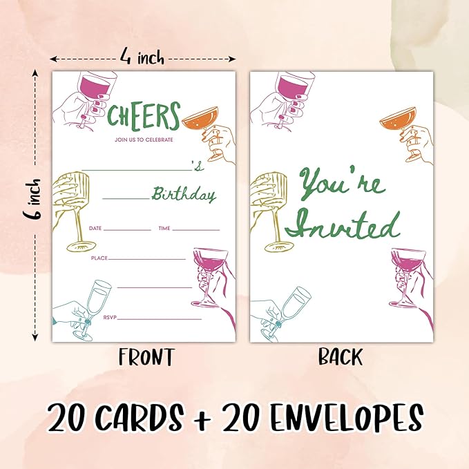 Cheers Birthday Party Invitation Cards for Adults Women Men, Colorful Cheers Birthday Celebration Party Invite Cards Supplies, 20 Double-Sided Fill In Invites With Envelopes -13