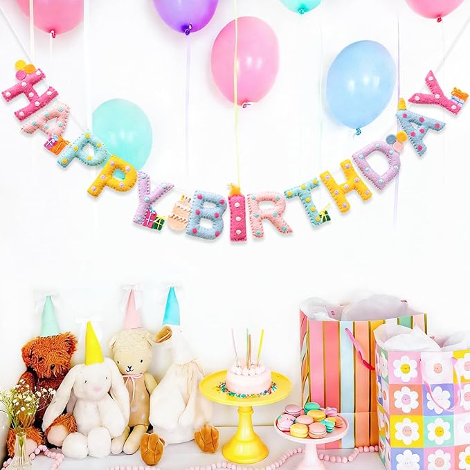 Updated Pre-Strung Handmade Wool Felt Pastel Happy Birthday Banner, Unique 3D Confetti Dots Happy Birthday Garland Decor, Reusable Happy Birthday Sign for Macaron Rainbow Party Backdrop Decorations