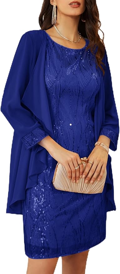 GRACE KARIN Women's Sequin Dress - Wedding Guest & Mother of The Bride Formal Dress - Two Piece Knee Length