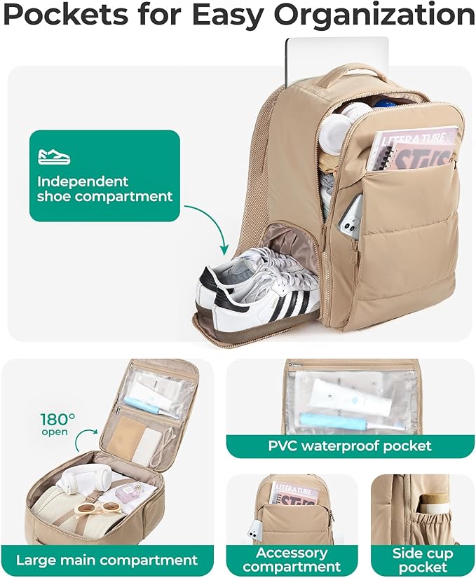 BAGSMART 30L Travel Backpack for Women, Carry on Backpack for Airplanes, Gym Backpack with Shoe Compartment, Lightweight Travel Bag Fits 15.6 Inch, Water-Resistant, Desert