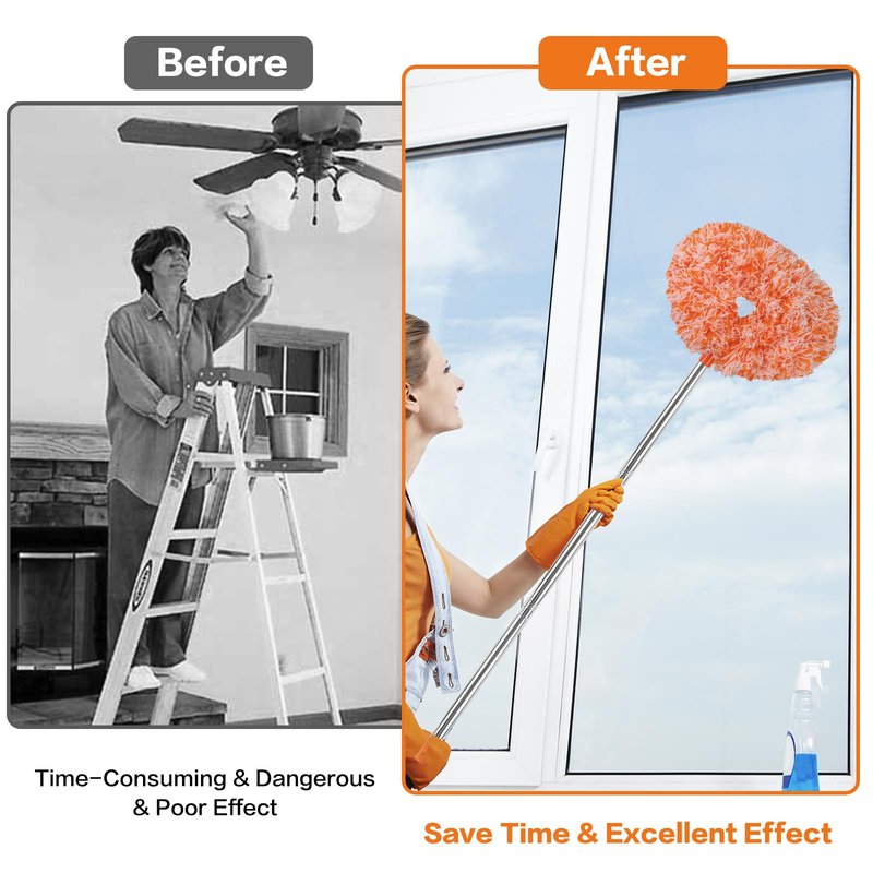 Ceiling Fan Cleaner Duster Reusable Microfiber Ceiling Fan Blade Cleaner Removable Duster with Extension Pole Adjusts 13 to 49.7 Inch for Cleaning Walls Furniture Door Window Top (Orange White)