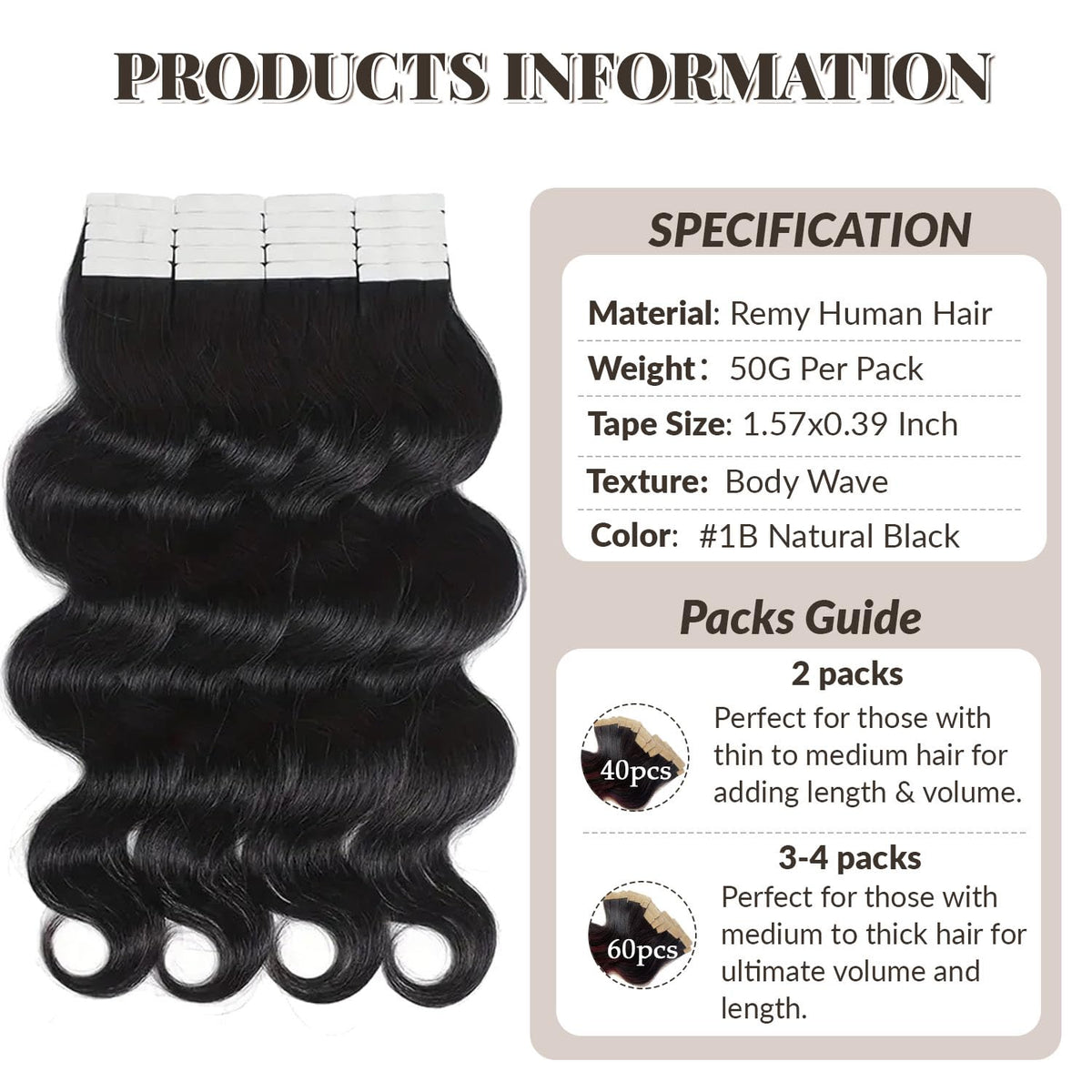 Tape in Hair Extensions Human Hair Body Wave 100% Remy Human Hair 16 Inch 50g/pack 20pcs Tape Hair Extensions Natural Black Real Human Hair Extensions for Black Women Human Hair Tape in Extensions
