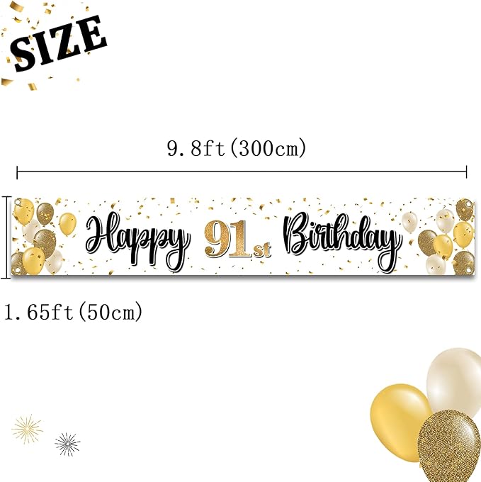 Happy 91st Birthday Decorations,91st Gold Balloon Large Birthday Hanging Banner Sign - Cheers to 91 Years Old Bday Party Supplies.