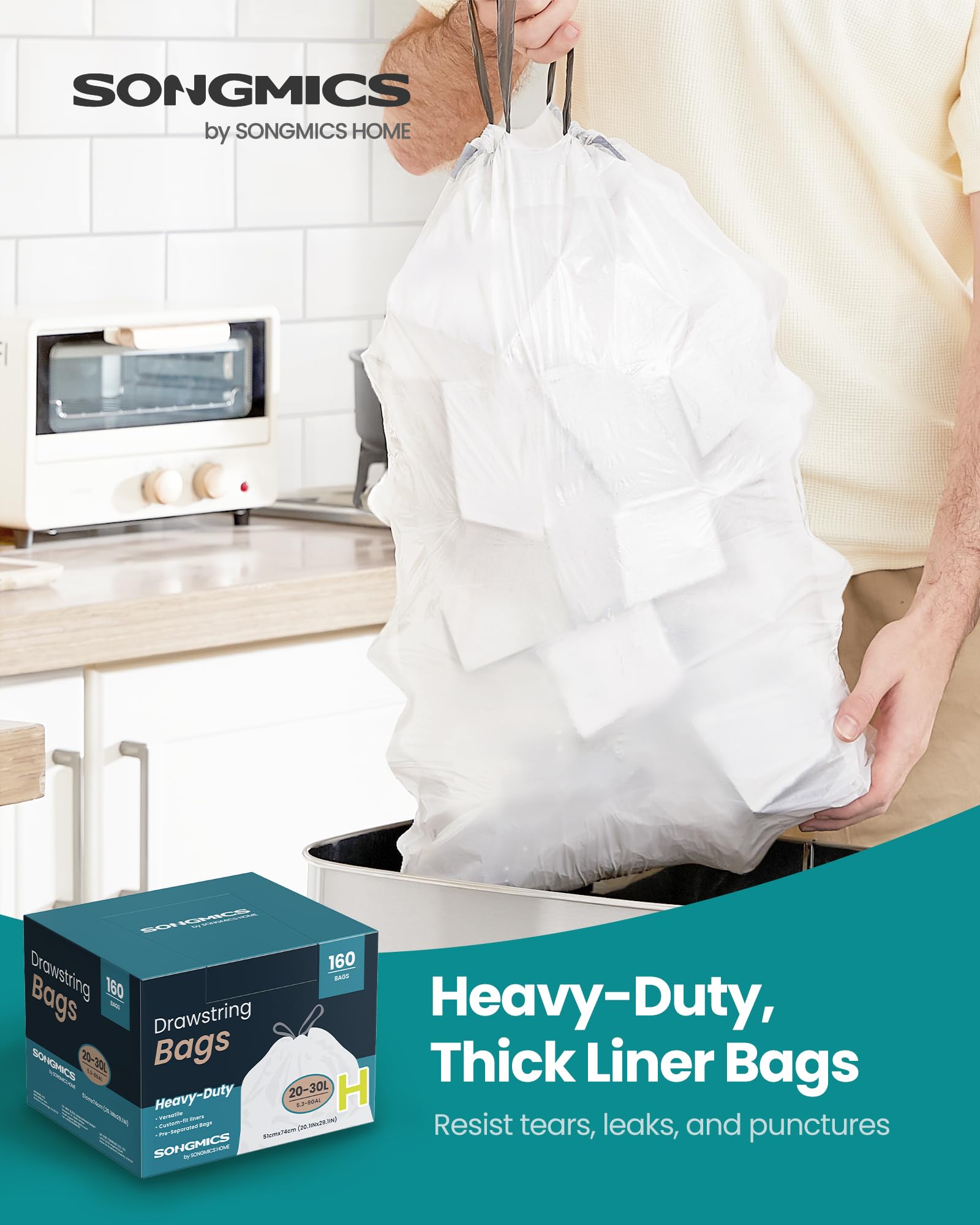 SONGMICS Trash Bags, Drawstring Kitchen Garbage Bags, Pre-Separated, Quick-Dispense Box, for 8-Gallon (30 L) Trash Cans, Liner Code H, 4 Rolls, 160 Count, White UKRB031A04