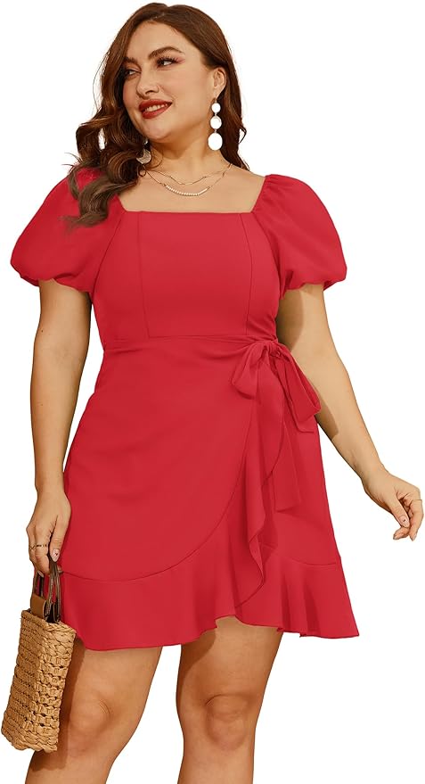 Sampeel Womens Summer Dresses Square Neck Puff Sleeve Tie Waist Short Dress