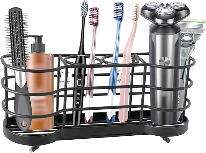 Wall Mount Toothbrush Holder for Shower Stainless Steel Toothbrush Stand, Self-Adhesive Wallmount/Countertop 4 Slots Bathroom Accessories Organizer (Black)