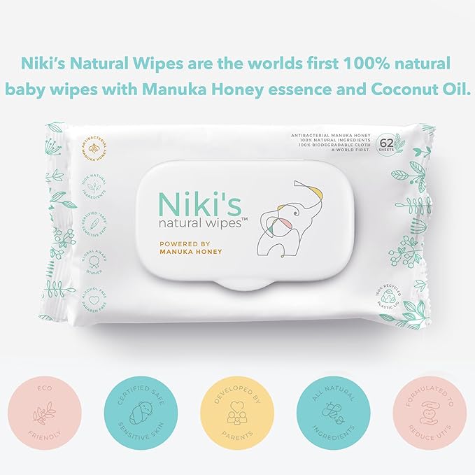 Niki's Natural Baby Wipes | Organic Baby Wipes Sensitive | Made with Manuka Honey and Coconut Oil, Unscented | EWG Verified | 1488 Wipes (24 Pack x 62 Count Wipes) Baby Wipes Bulk