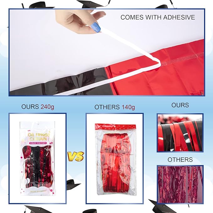 LOLStar Graduation Party Decoration, 4 Pack Red and Black 3.3x6.6 ft Foil Fringe Curtains, Tinsel Backdrop, Graduation Photo Booth Prop Streamer Backdrop for Class of 2026, Prom and Grad Party Decor