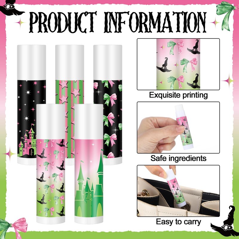 Qunclay 50 Pcs Witch Lip Balm Christmas Party Favors Pink and Green Princess Gifts Bulk Moisturizing Lip Care for Women Movie Fans Makeup Gifts Party Supplies Christmas Stocking Stuffers
